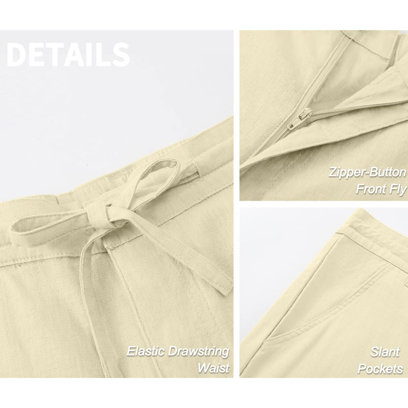 Janmid Men Casual Beach Trousers Linen Summer Pants Beige XL - Image 4
